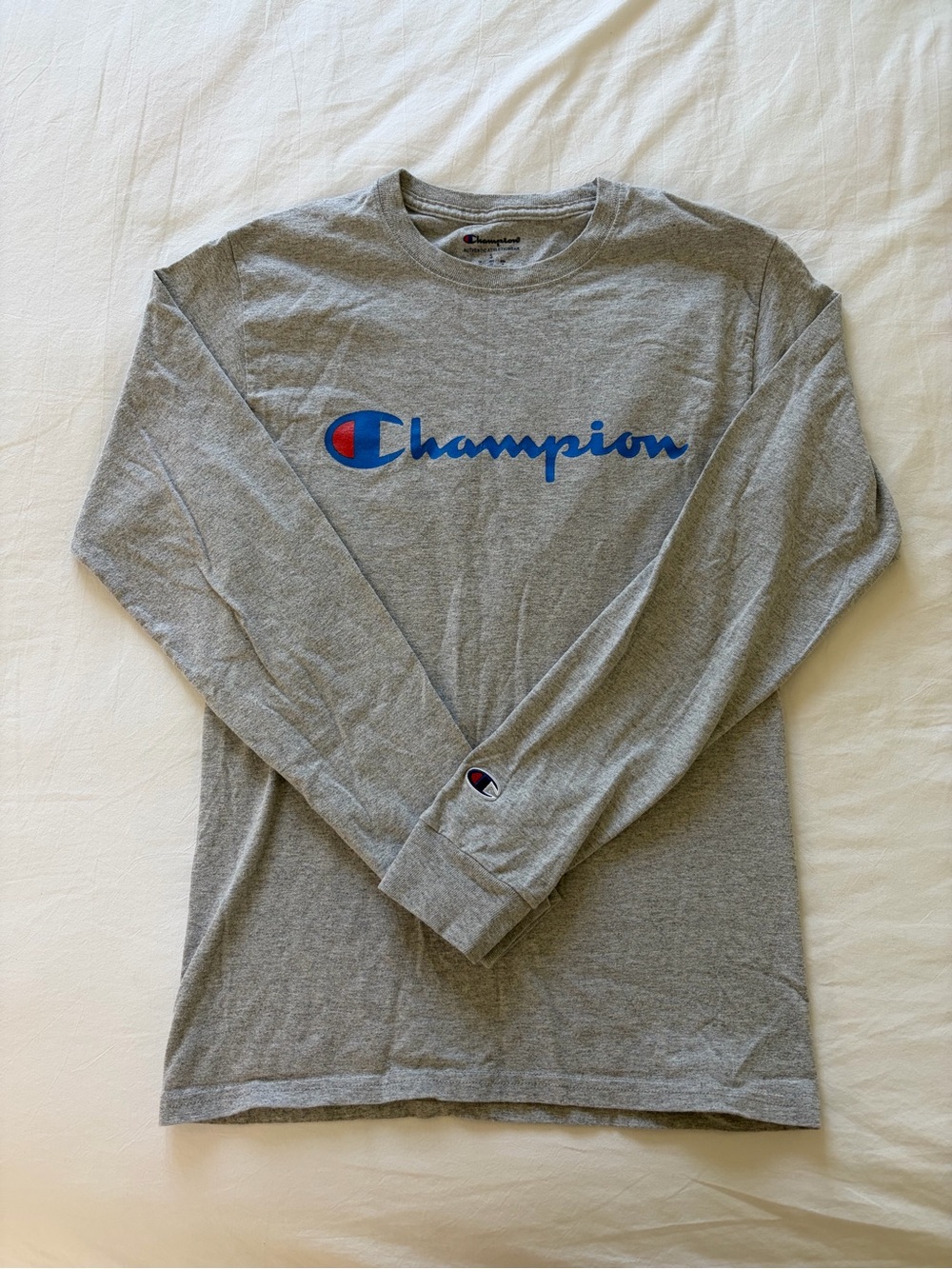 Champion Gray Long Sleeve Tee with Blue & Red Logo